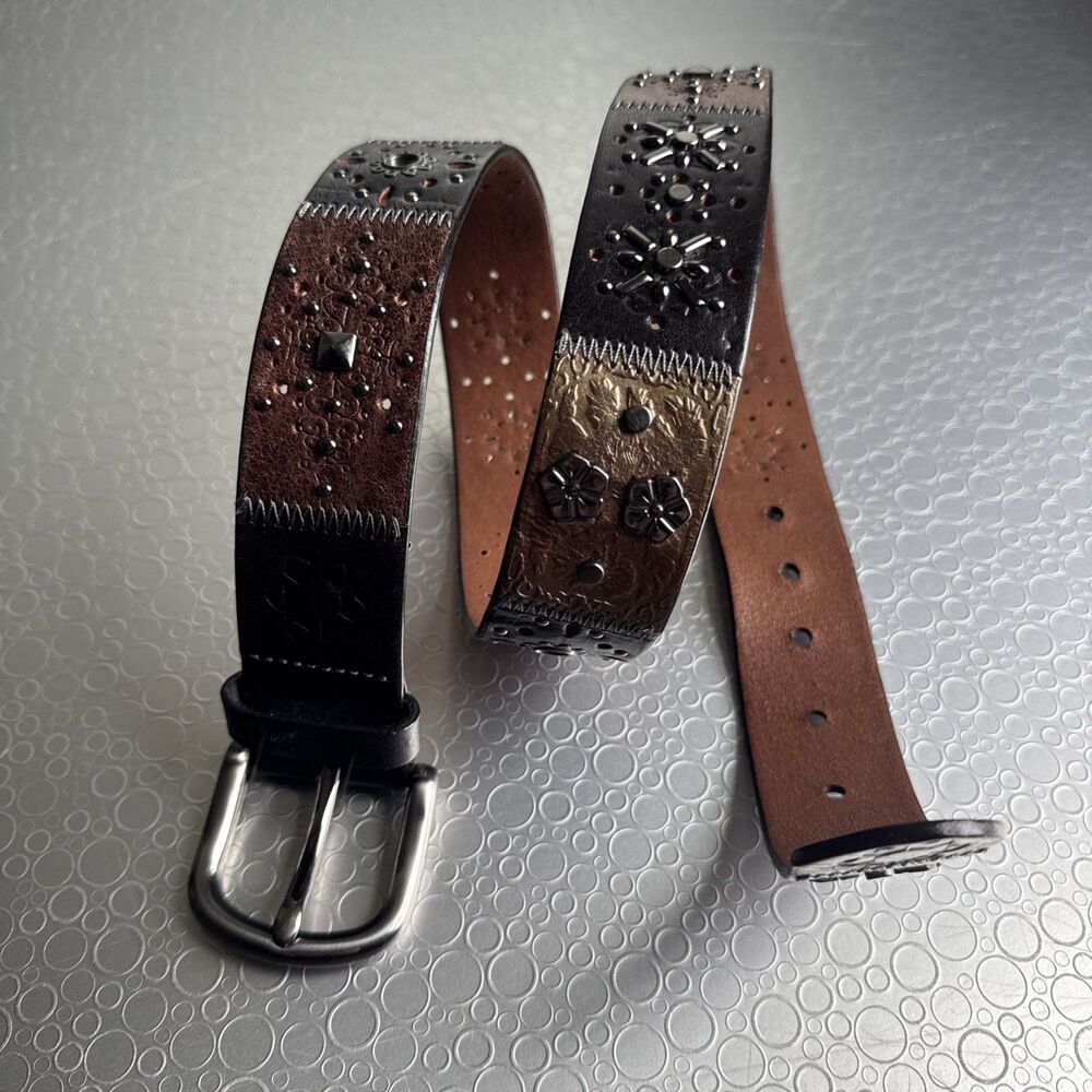 VTG Fossil Patchwork Studded Leather Belt Brown Boho Western Cowgirl - Size M 34